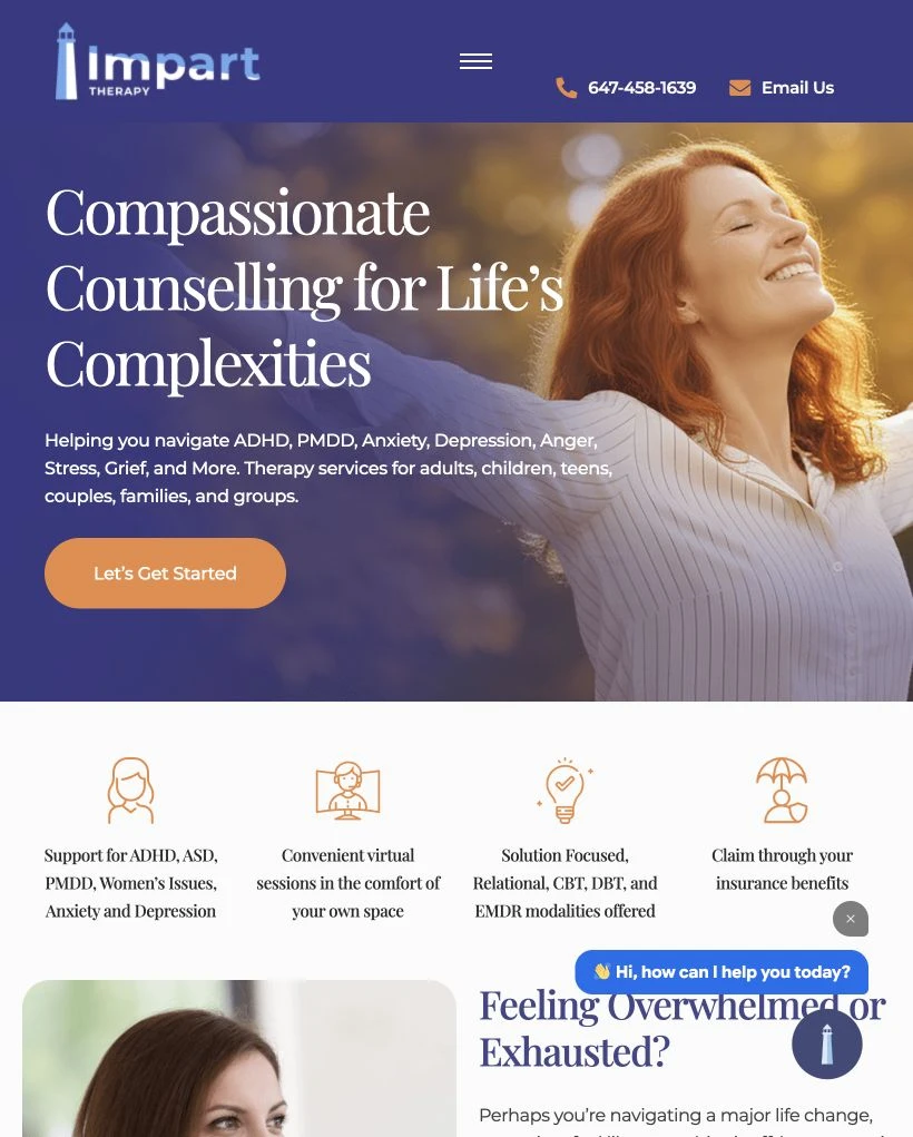 Impart Therapy website at tablet width