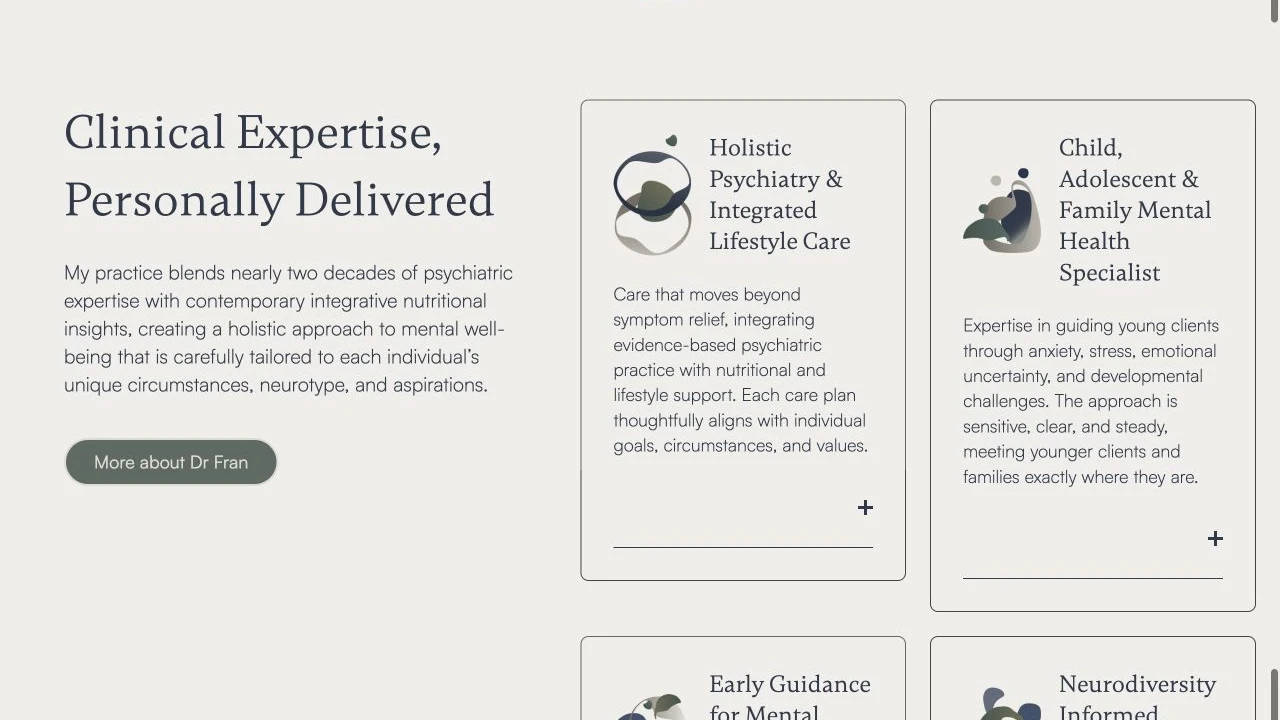 Dr Franciske Evans website detail: Give clinical expertise its own section.