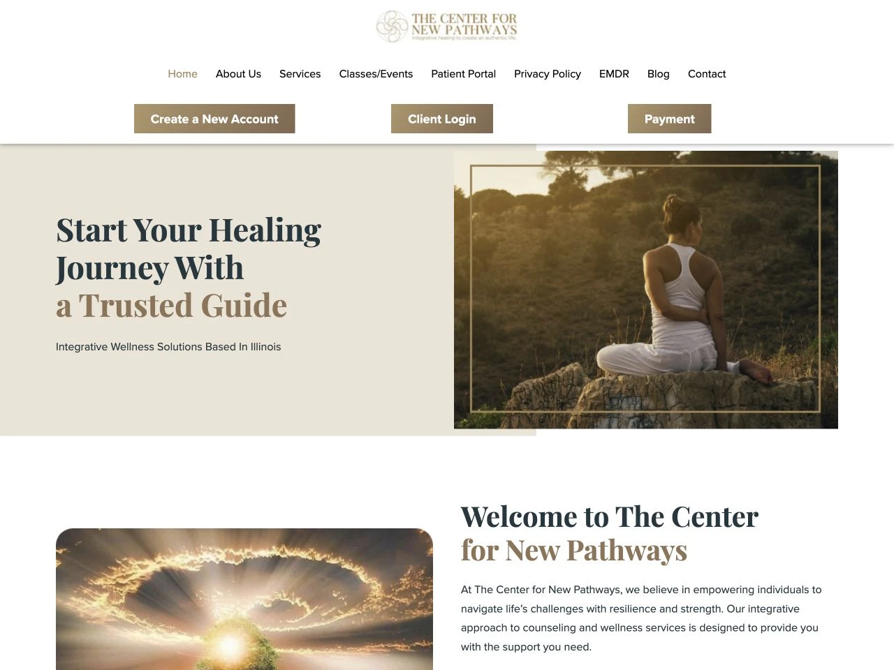 The Center for New Pathways website at laptop width