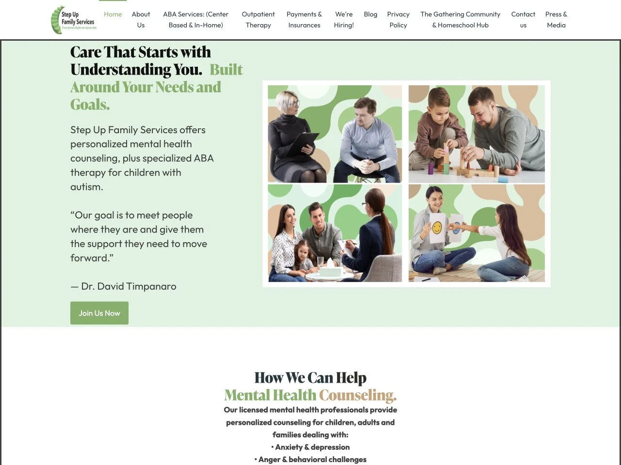 Step Up Family Services website at laptop width