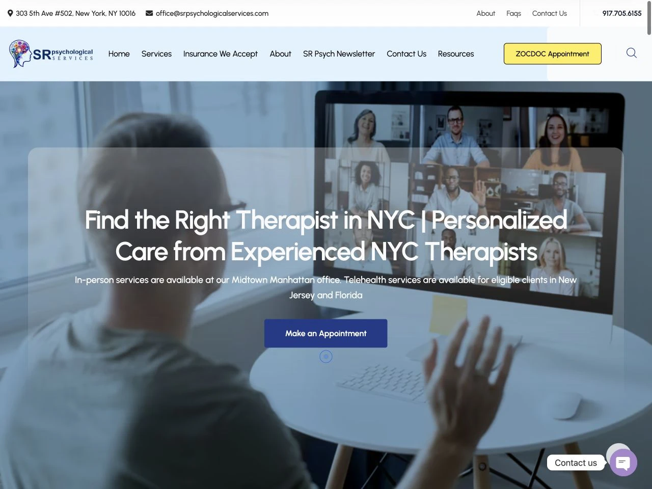 SR Psychological Services website at laptop width