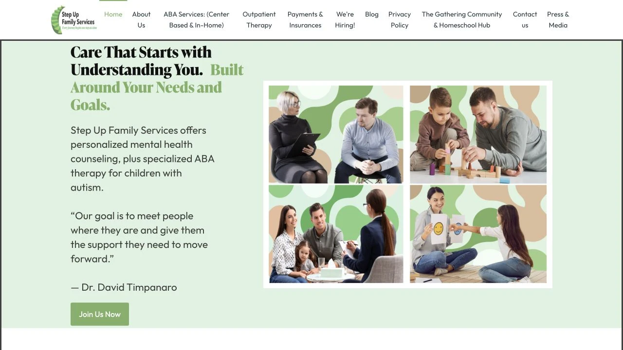 Step Up Family Services website detail: Introduce counseling and ABA together.