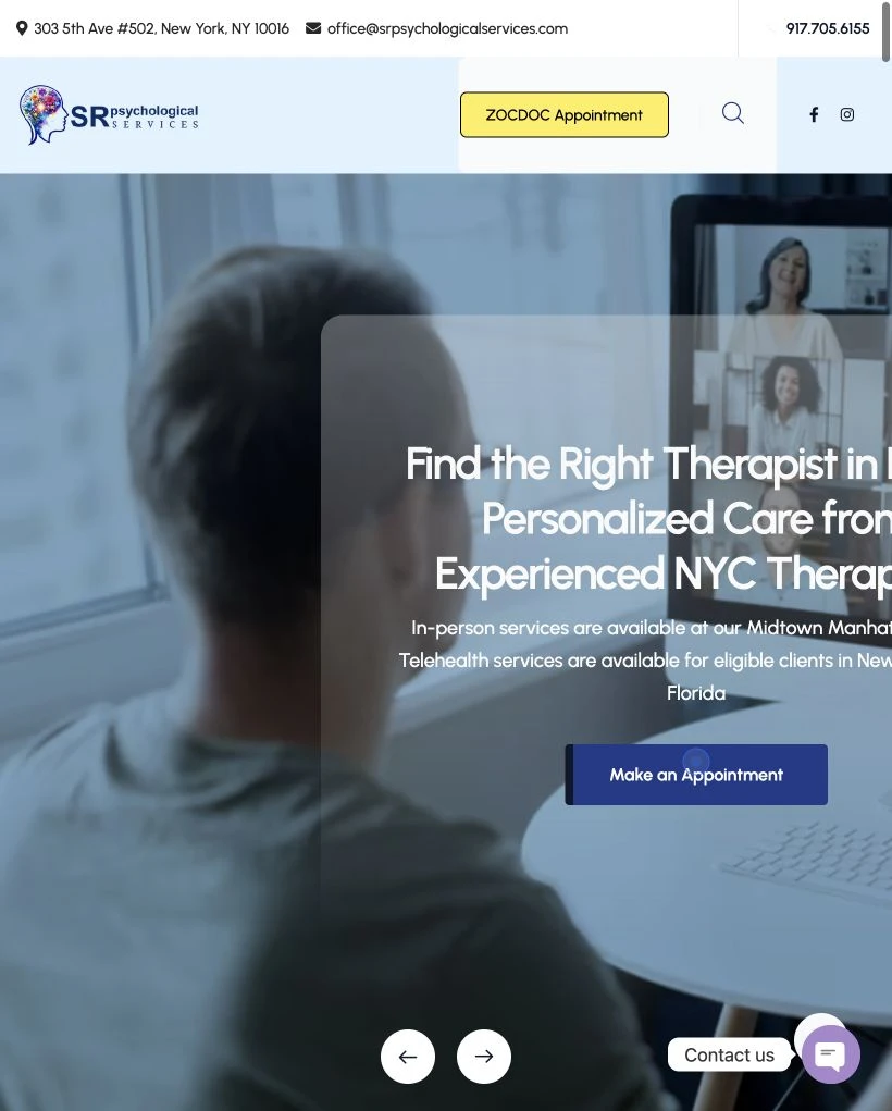 SR Psychological Services website at tablet width