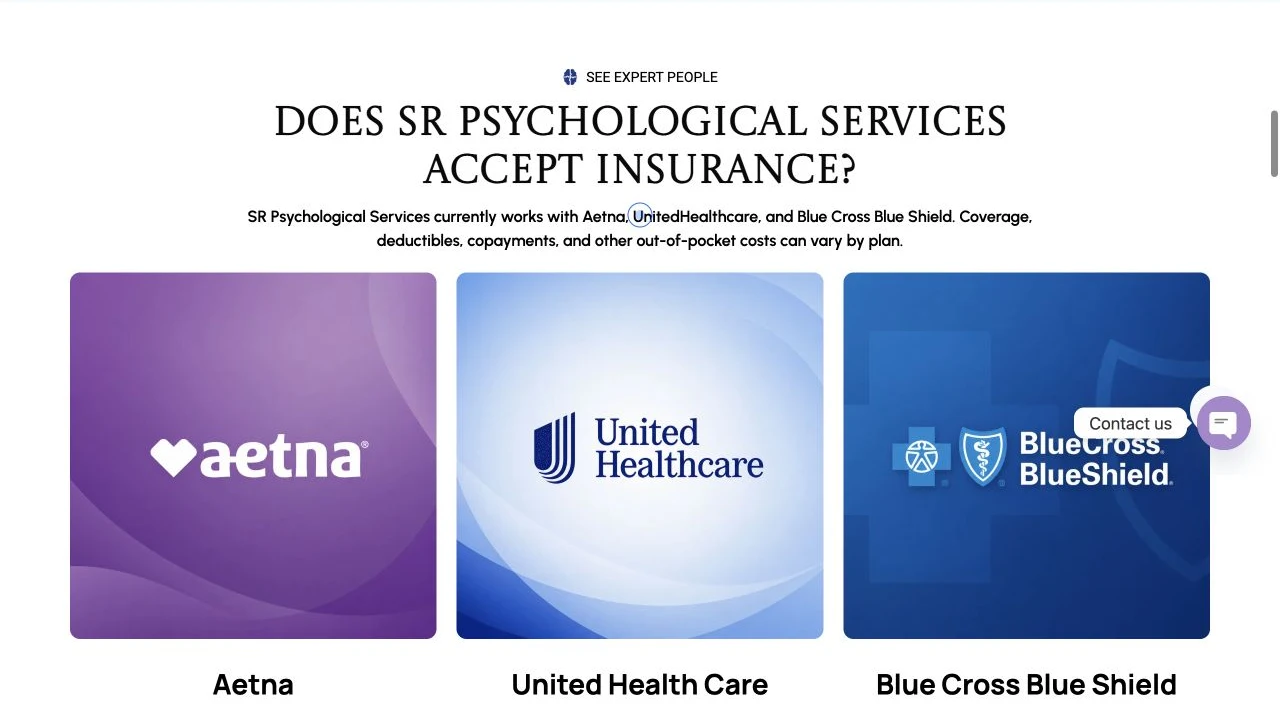 SR Psychological Services website detail: Include insurance and first-step FAQs.