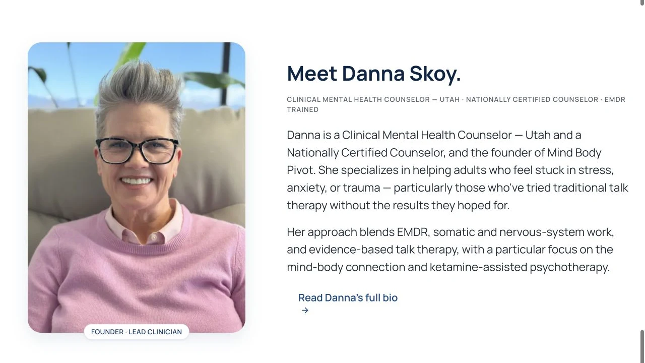 Mind Body Pivot website detail: Introduce the clinician clearly.