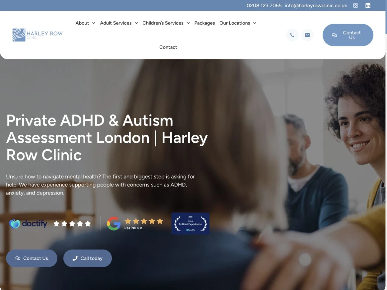 Harley Row Clinic website at laptop width