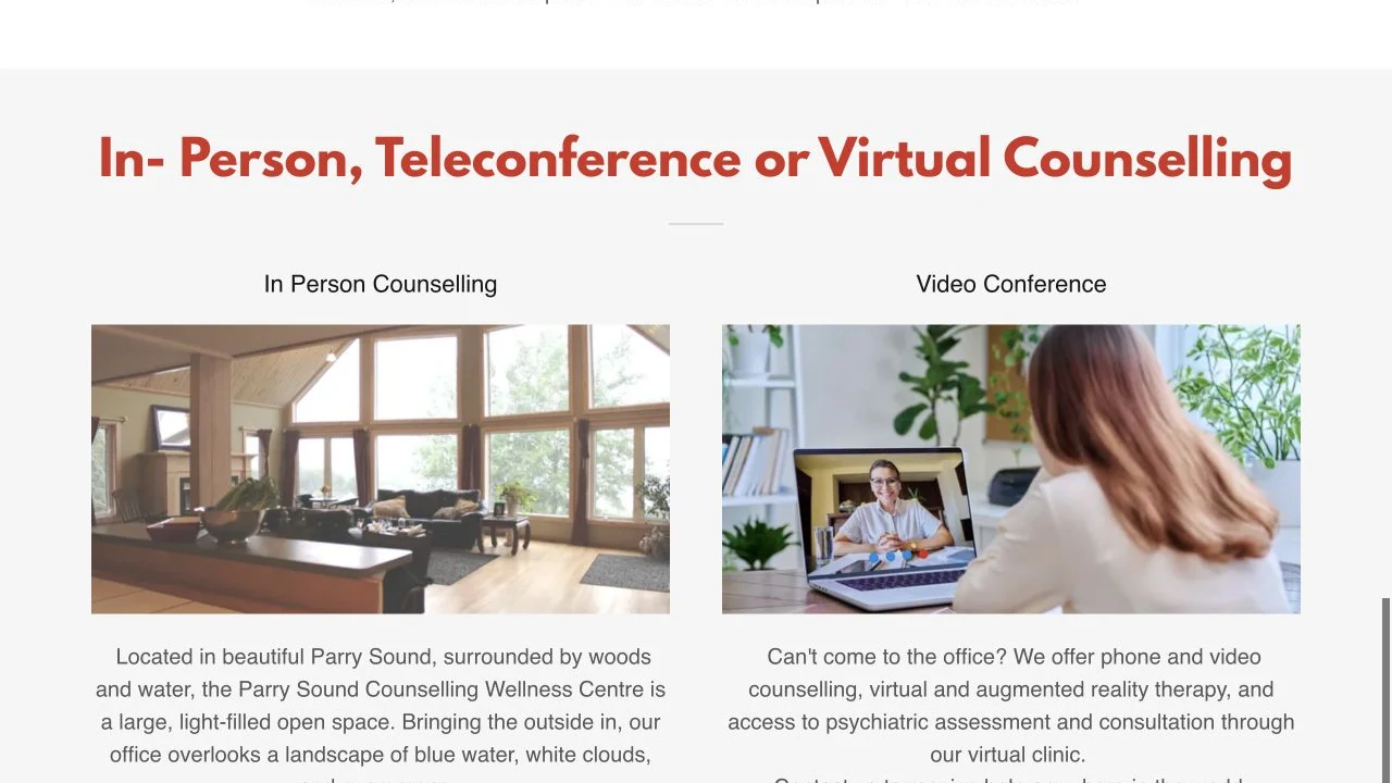 Parry Sound Counselling website detail: Separate in-person and remote options.