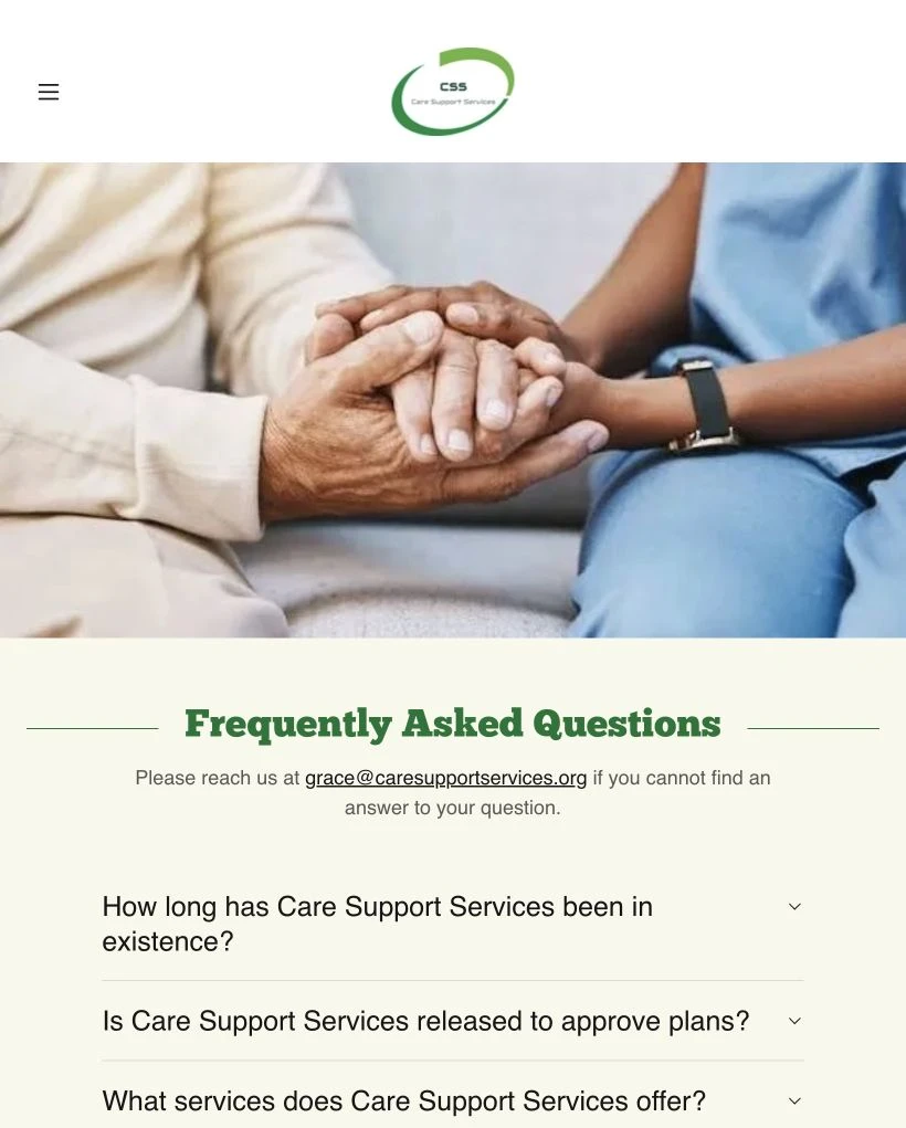 Care Support Services website at tablet width