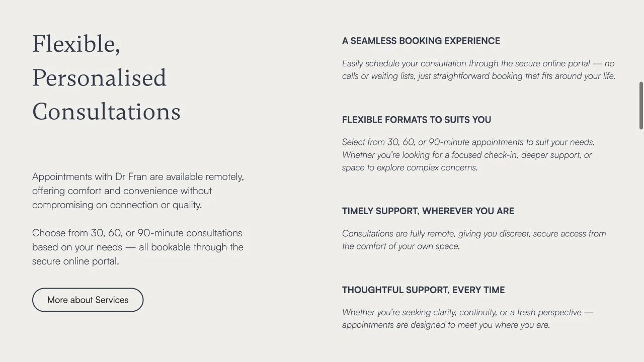 Dr Franciske Evans website detail: Explain the consultation choices.