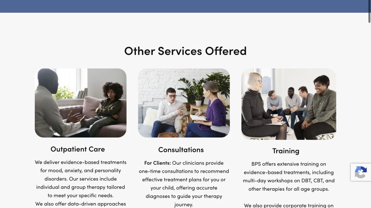 Behavioral Psych Studio website detail: Distinguish care, consultation, and training.