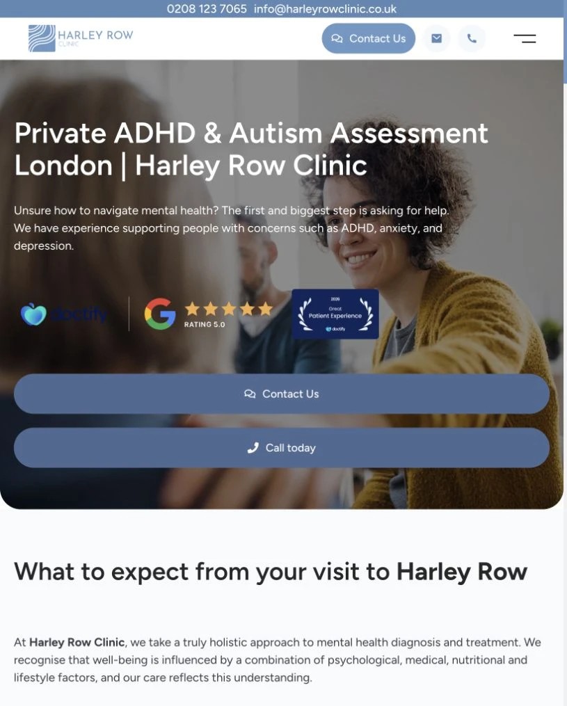 Harley Row Clinic website at tablet width