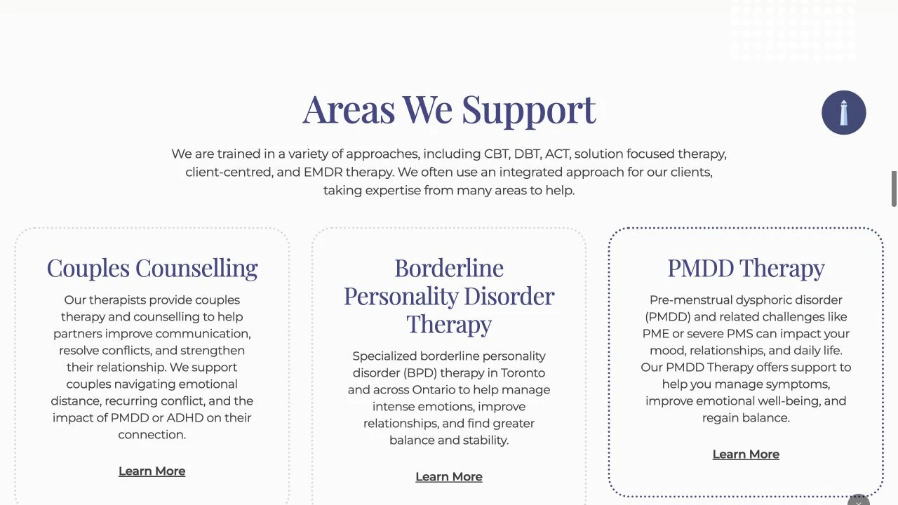 Impart Therapy website detail: Give specialties their own space.