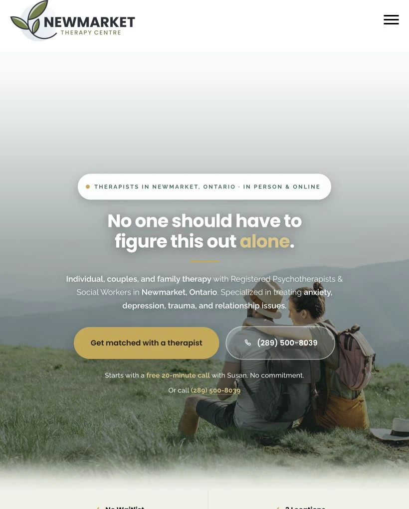 Newmarket Therapy Centre website at tablet width
