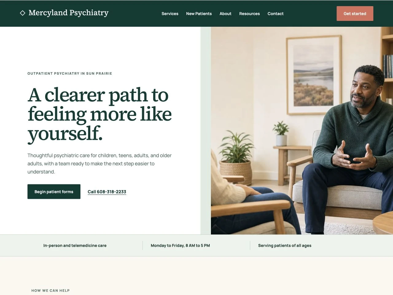 Mercyland Psychiatry website at laptop width