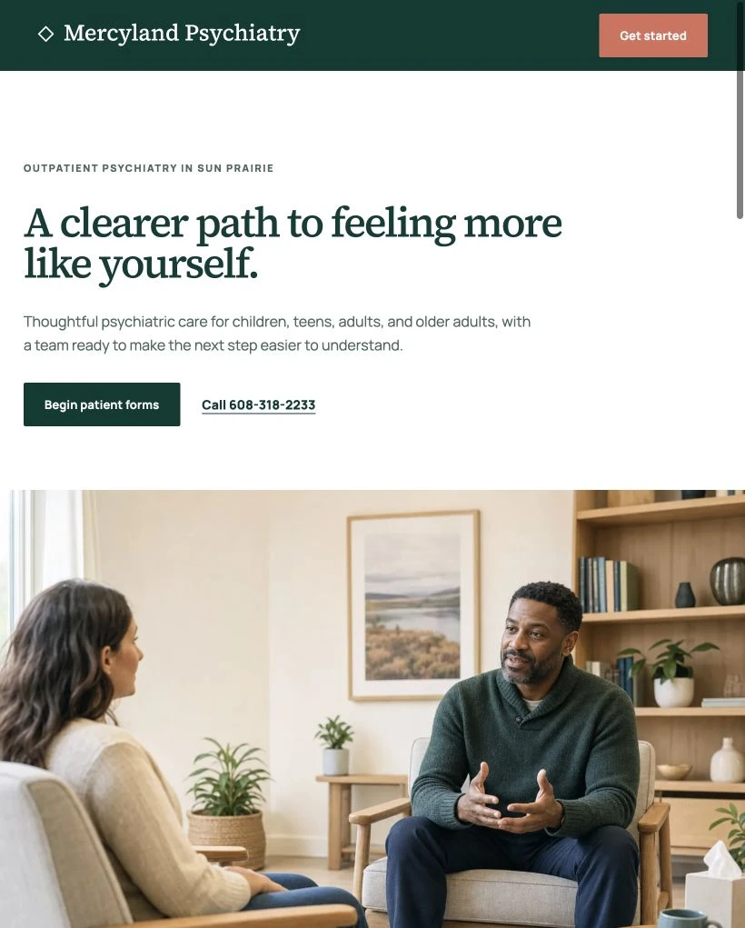 Mercyland Psychiatry website at tablet width