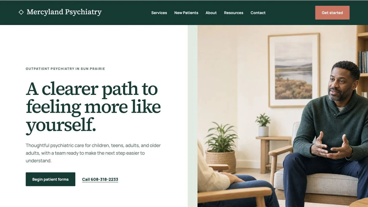 Mercyland Psychiatry website detail: Put getting started in the first screen.
