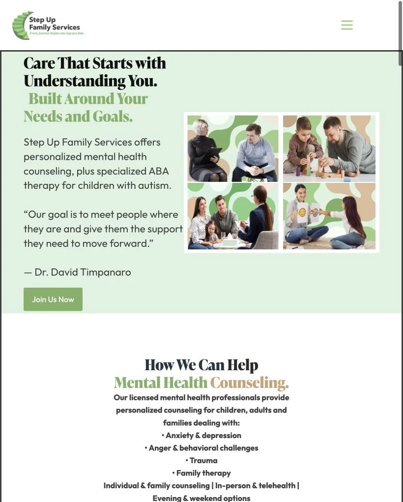 Step Up Family Services website at tablet width