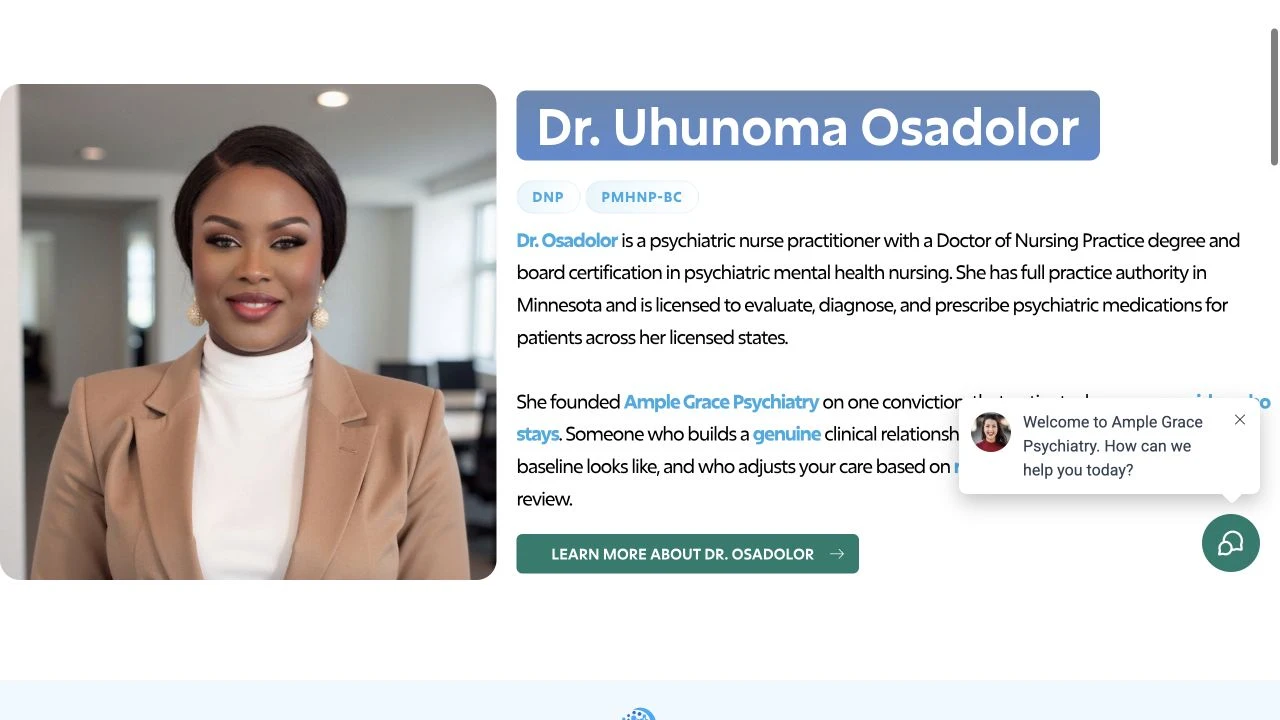 Ample Grace Psychiatry website detail: Show the provider and her credentials.