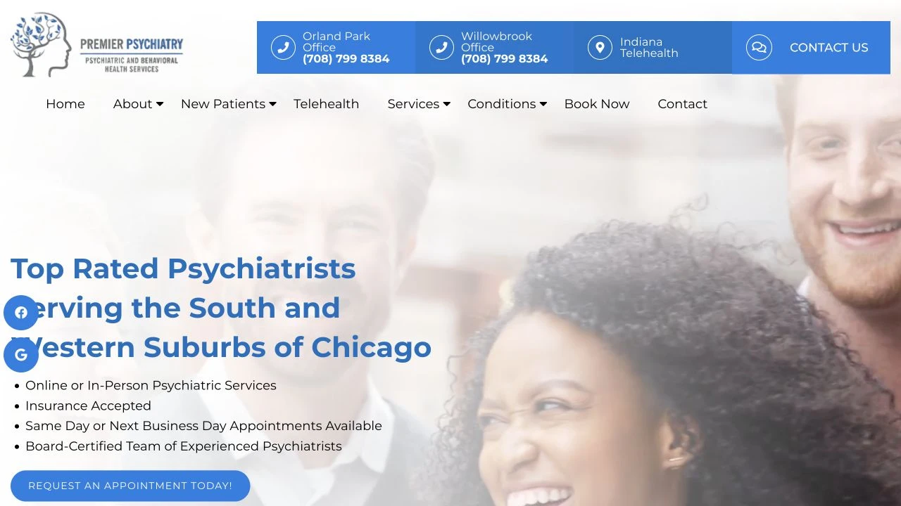 Premier Psychiatry website detail: Lead with the service area and care formats.