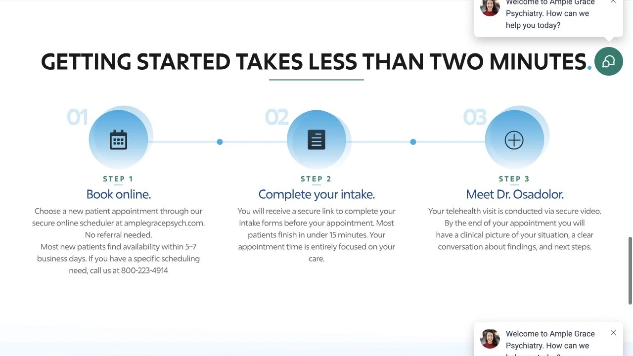 Ample Grace Psychiatry website detail: Explain the intake journey.
