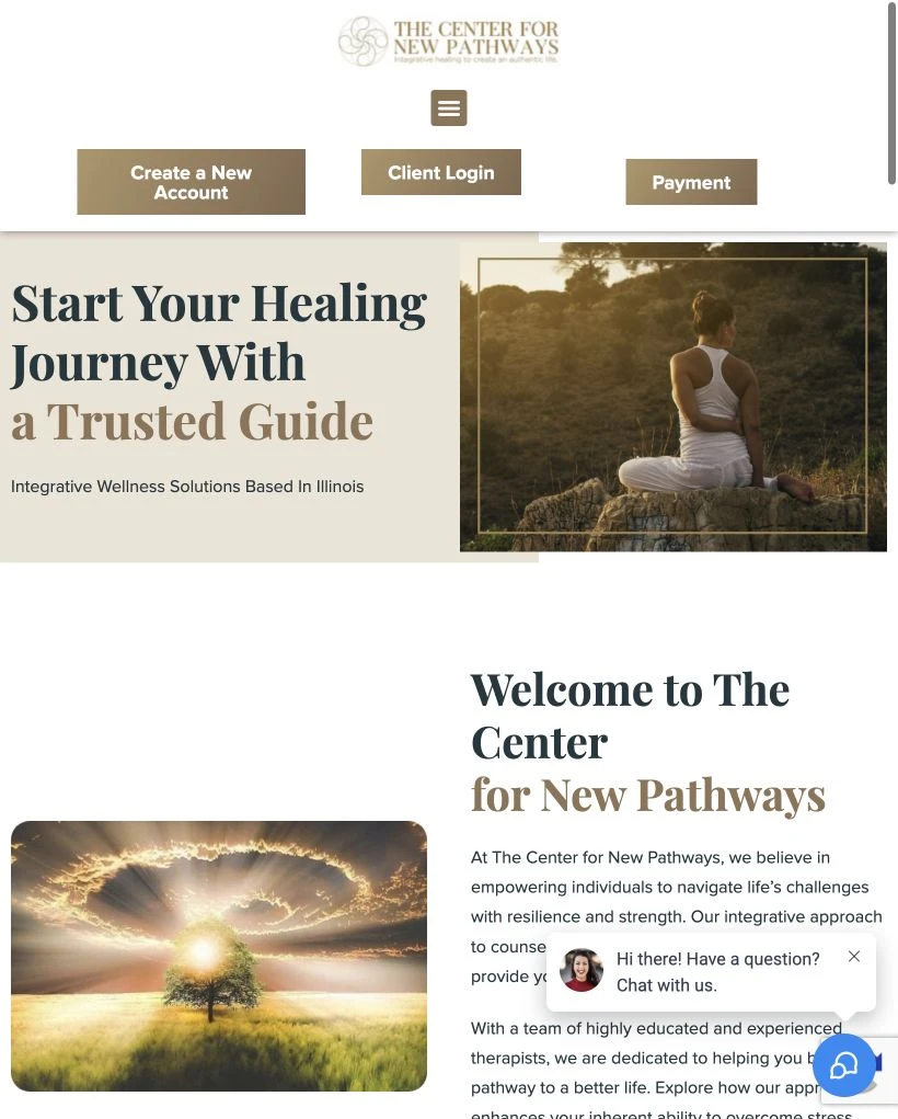 The Center for New Pathways website at tablet width