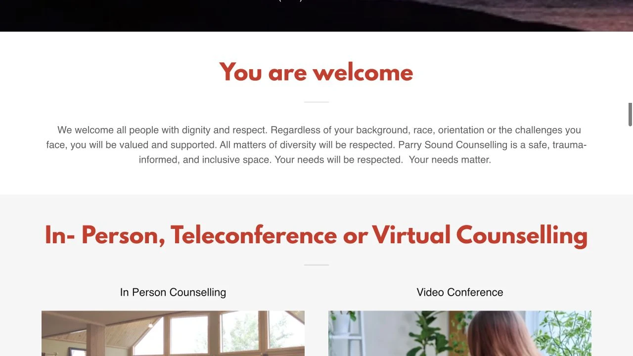 Parry Sound Counselling website detail: Explain the practice’s welcome.