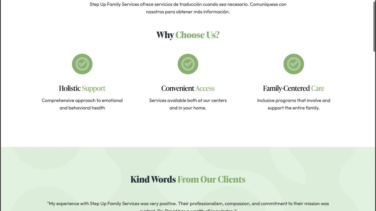Step Up Family Services website detail: Give family-focused care a clear section.