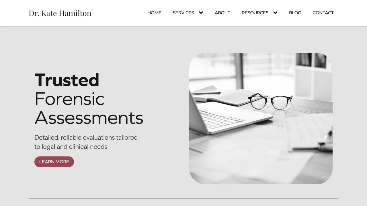 Dr Kate Hamilton website detail: Lead with forensic assessments.