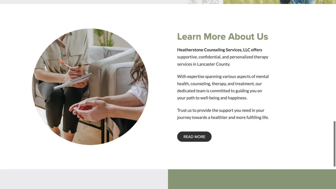 Heatherstone Counseling Services website detail: Make the main concerns easy to find.