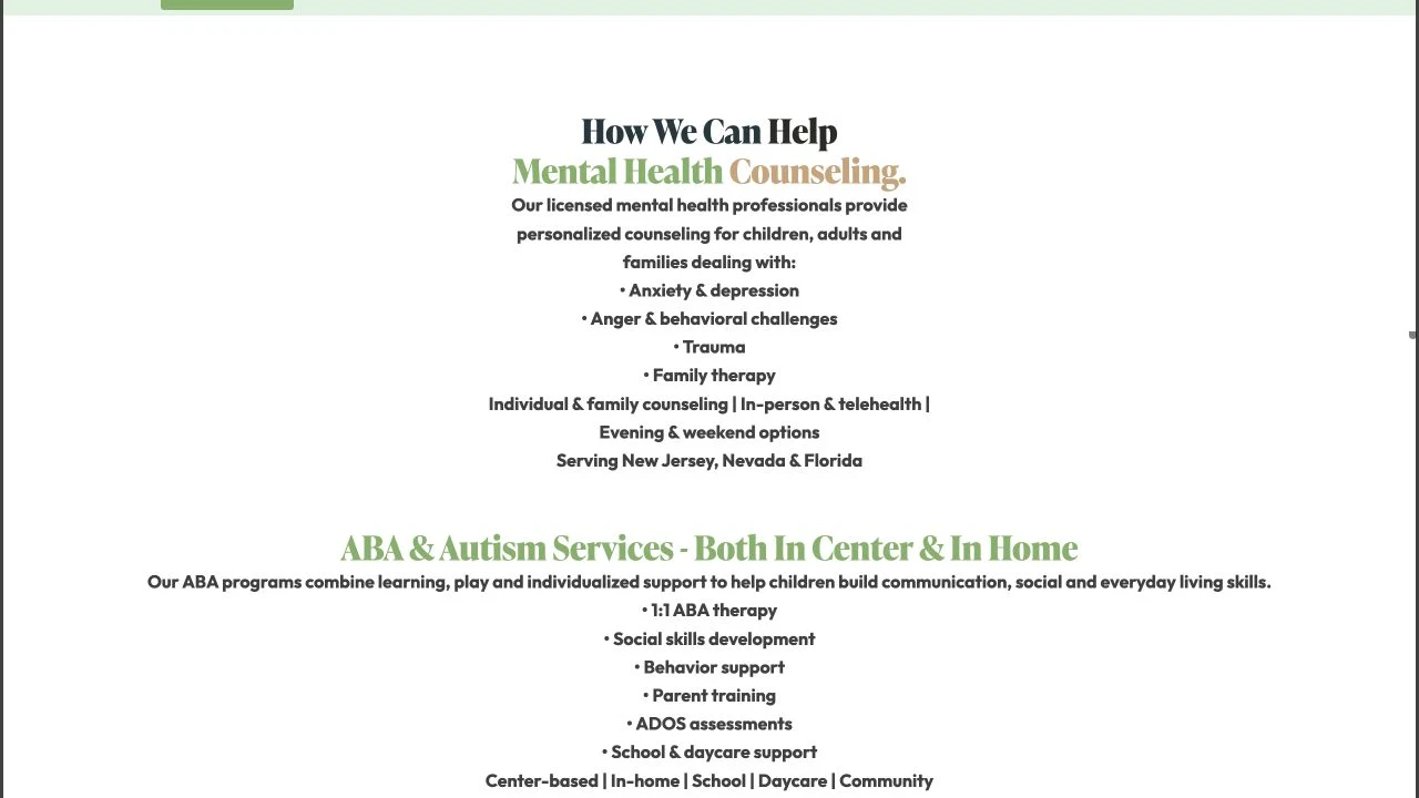 Step Up Family Services website detail: Give the two core offers separate sections.