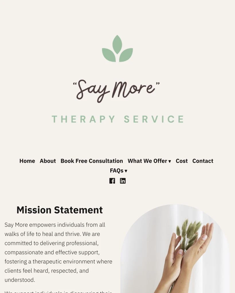 Say More Therapy website at tablet width