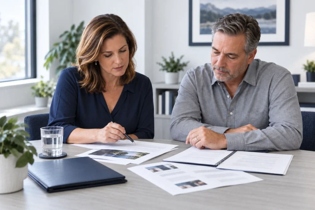 Two colleagues reviewing campaign materials and a checklist at a table in a welcoming office.