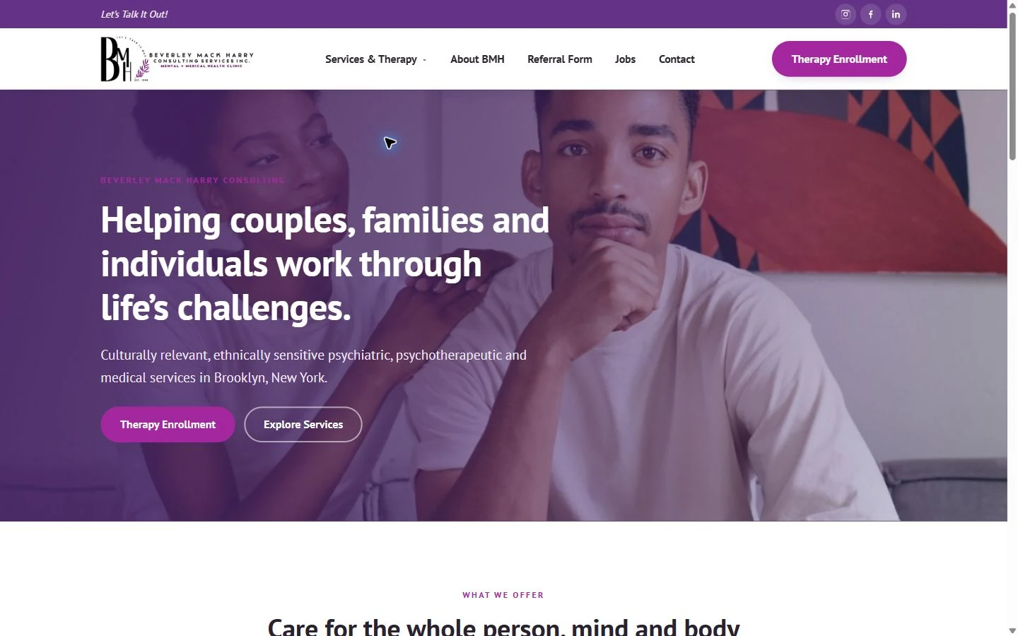 Beverley Mack Harry Consulting homepage on desktop, showing a purple portrait hero and a Therapy Enrollment button