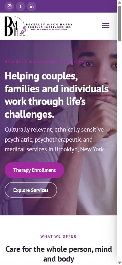 Beverley Mack Harry Consulting homepage on mobile, showing a purple portrait hero and a Therapy Enrollment button