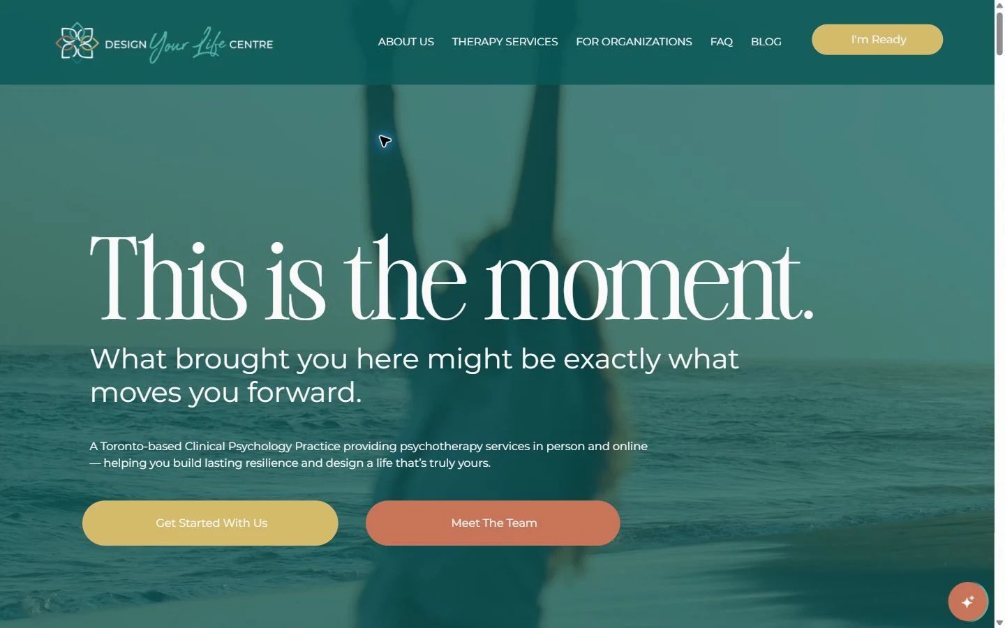 Design Your Life Centre homepage on desktop, showing a teal background, large serif headline and gold and terracotta buttons