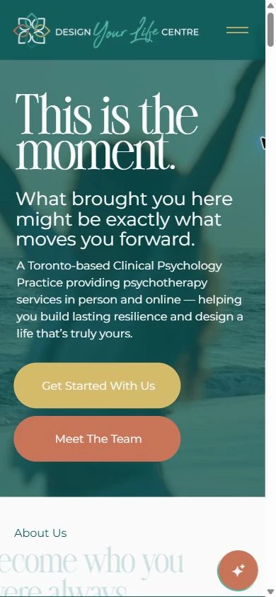 Design Your Life Centre homepage on mobile, showing a teal background, large serif headline and gold and terracotta buttons