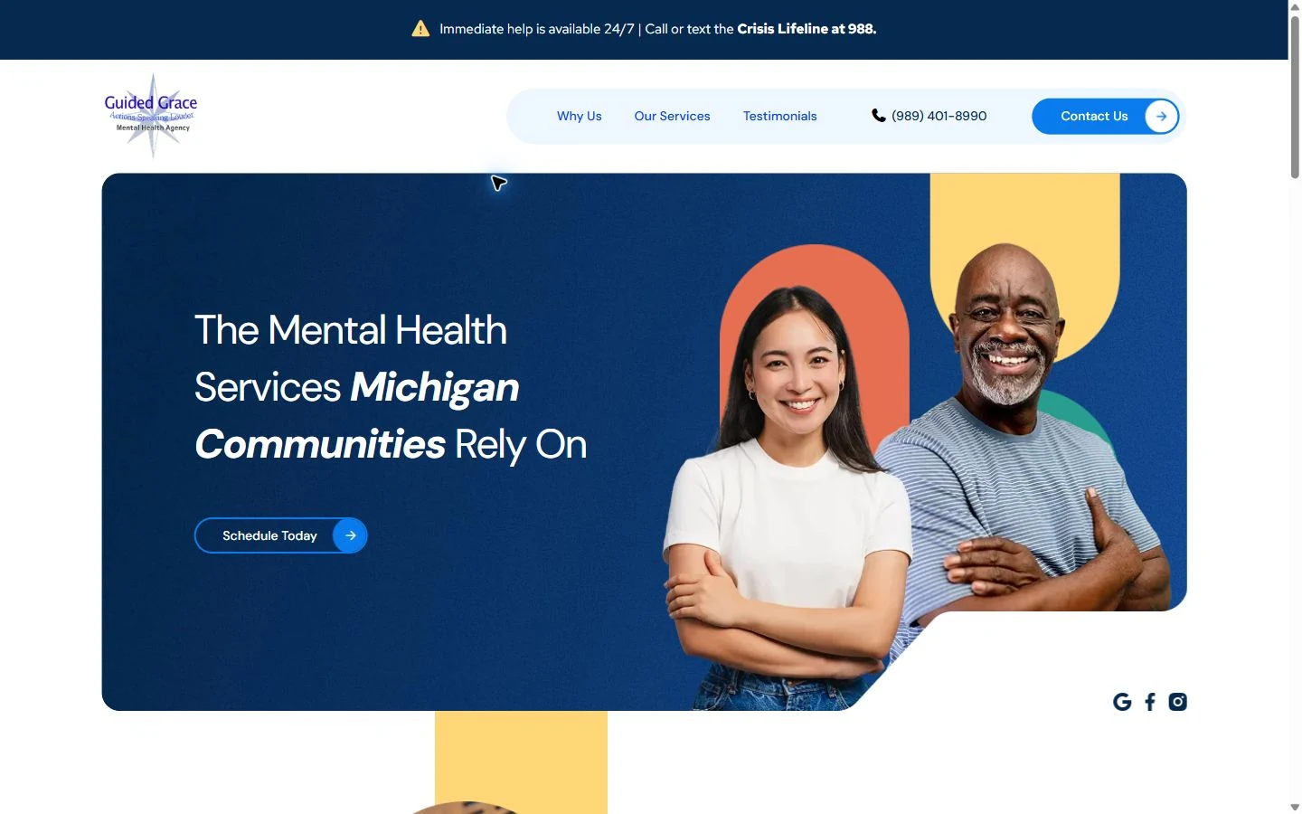 Guided Grace Family & Youth Services homepage on desktop, showing a navy hero, colorful shapes and two portrait cutouts