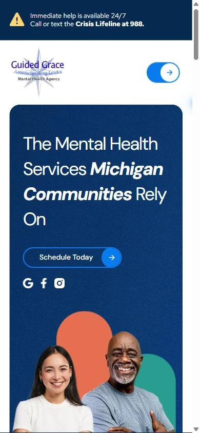 Guided Grace Family & Youth Services homepage on mobile, showing a navy hero, colorful shapes and two portrait cutouts