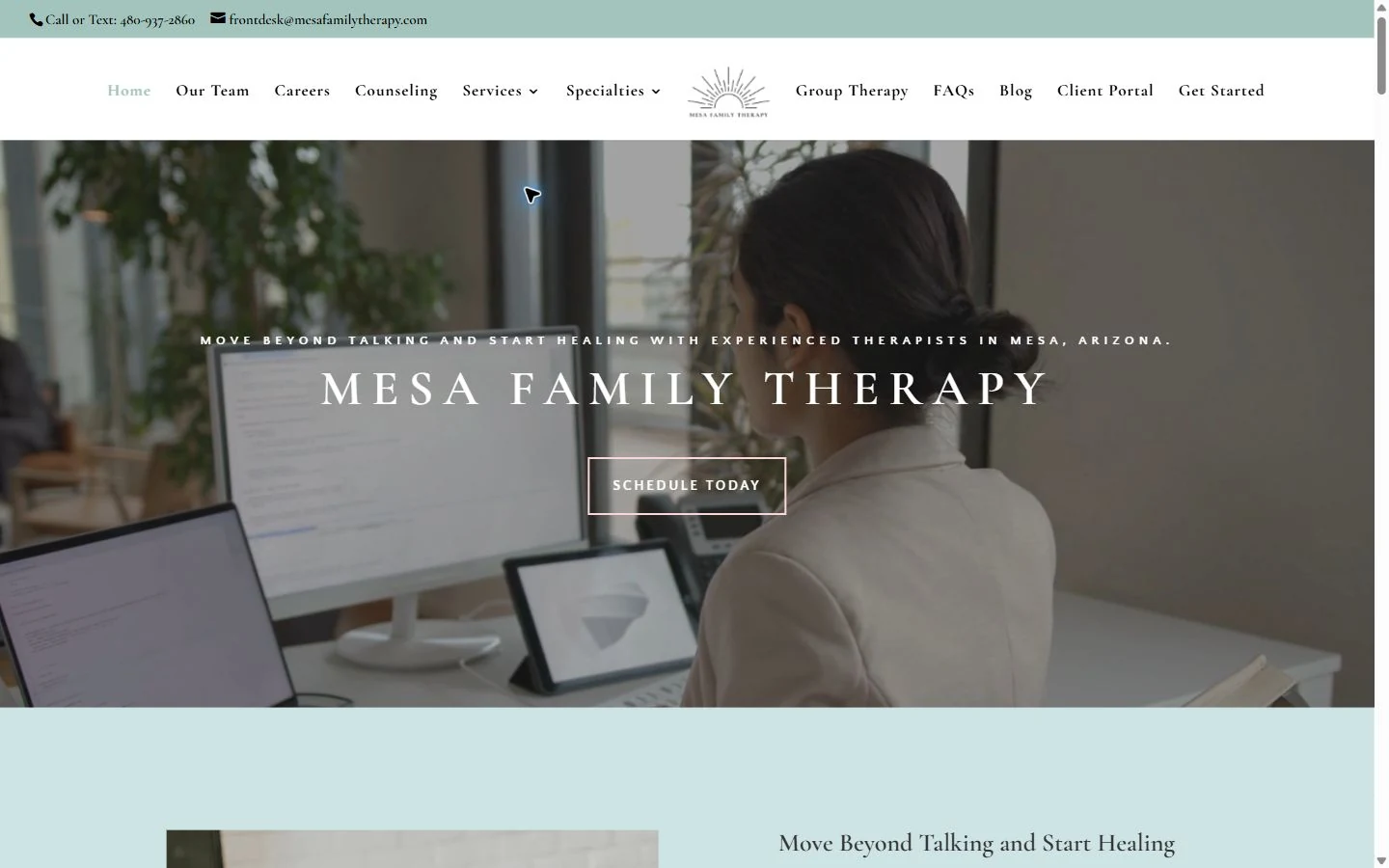 Mesa Family Therapy homepage on desktop, showing a pale green header and full-width video hero