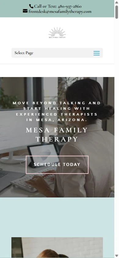Mesa Family Therapy homepage on mobile, showing a pale green header and full-width video hero