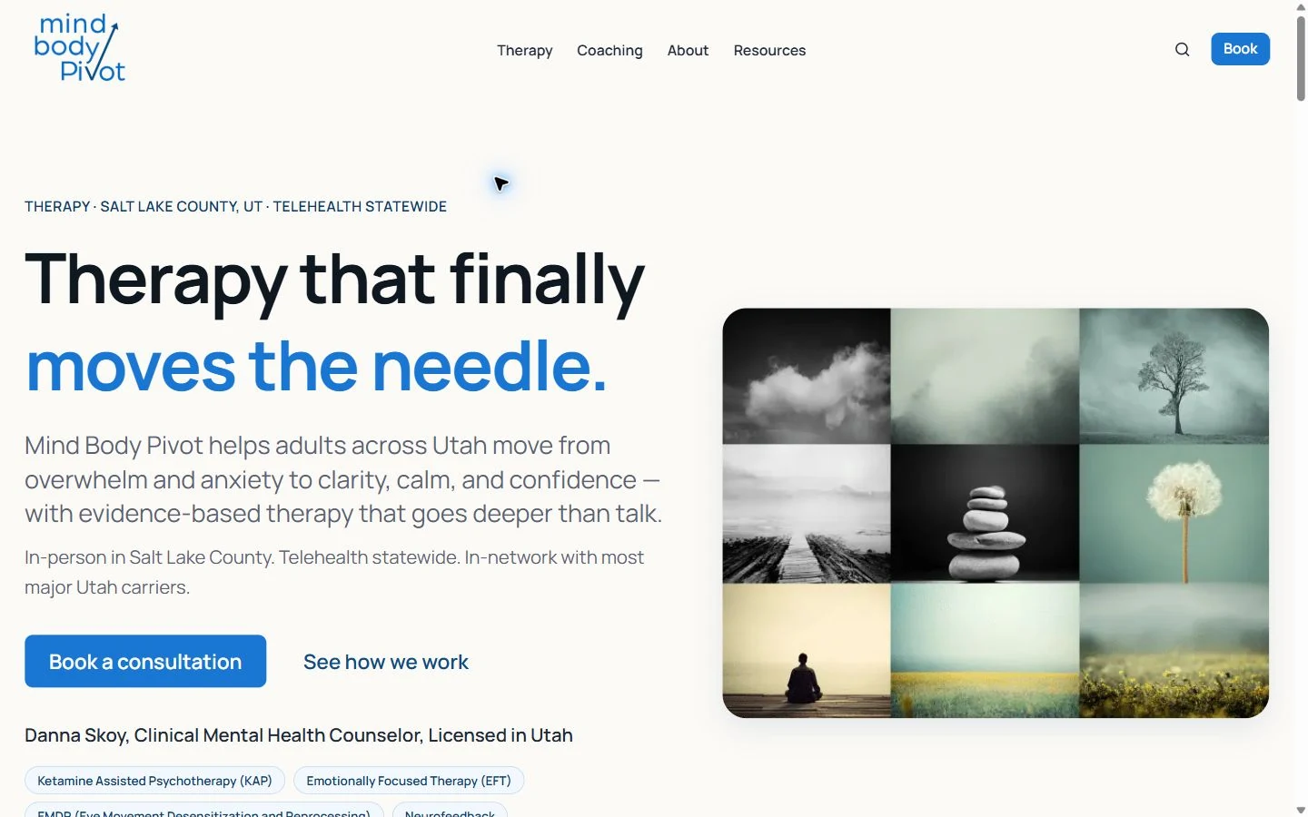 Mind Body Pivot homepage on desktop, showing bold blue-and-black typography beside a nine-image nature collage