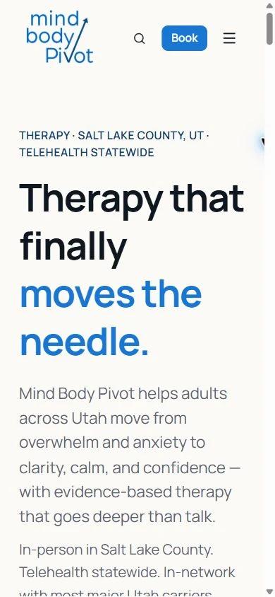 Mind Body Pivot homepage on mobile, showing a prominent Book button, Utah service area and large blue-and-black heading