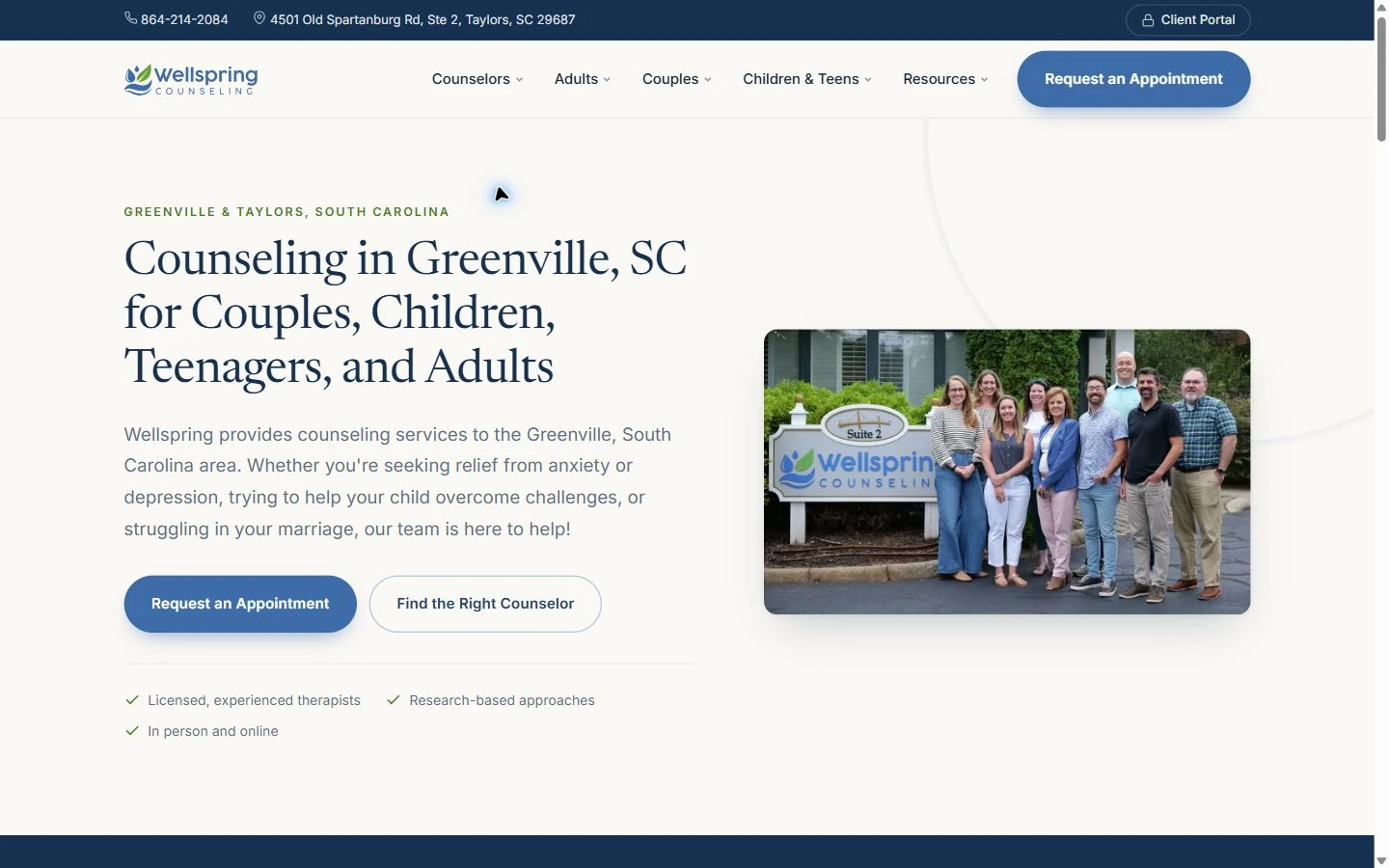 Wellspring Counseling homepage on desktop, showing a cream layout, navy serif typography and a practice team photograph