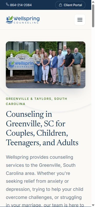 Wellspring Counseling homepage on mobile, showing a cream layout, navy serif typography and a practice team photograph