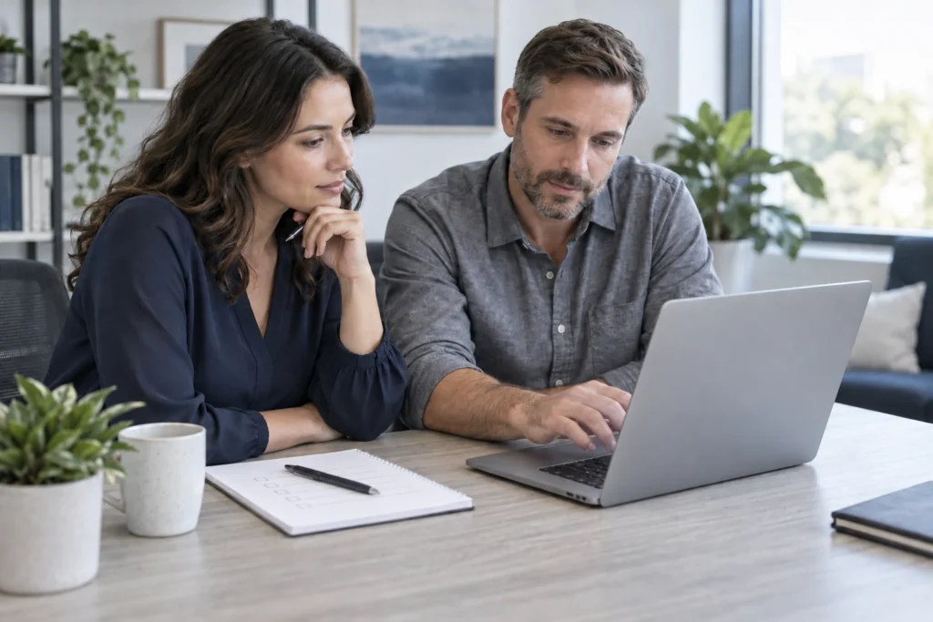 Two colleagues reviewing an advertising plan on a laptop beside a checklist in a bright office.
