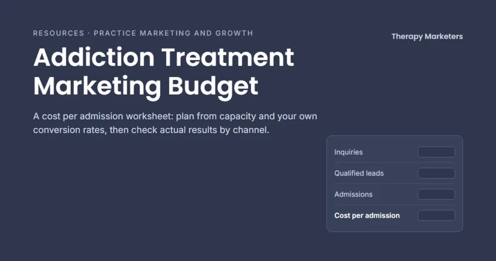 Addiction Treatment Marketing Budget: a cost per admission worksheet with fields for inquiries, qualified leads, admissions and cost per admission.
