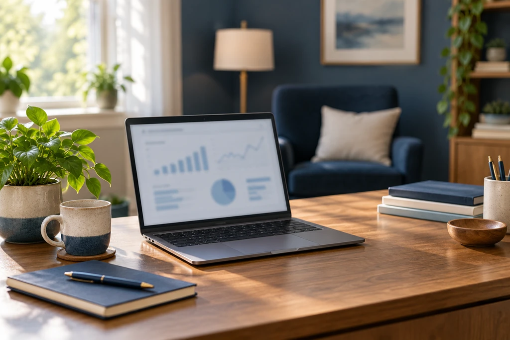 Laptop with a blurred chart on a wooden desk in a navy-toned counseling office.