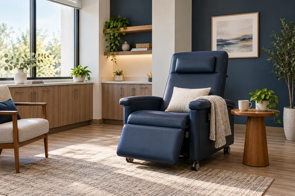 A navy reclining chair in a quiet treatment room.