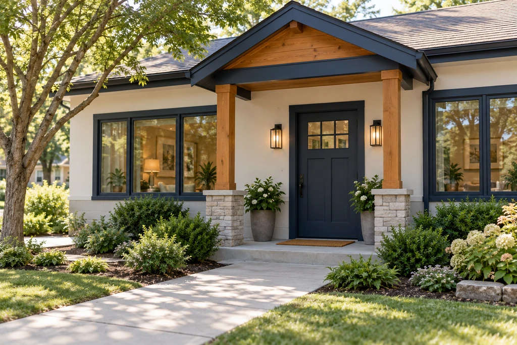 Navy door and wood-framed entrance of a small office beside trees.