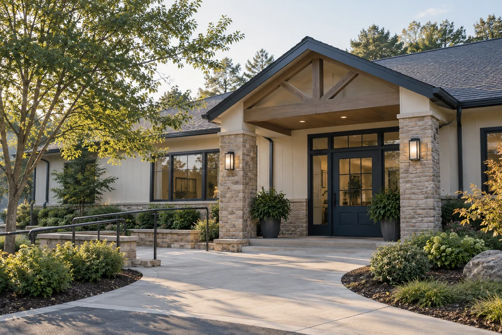 Entrance and landscaped walkway of a treatment center building.